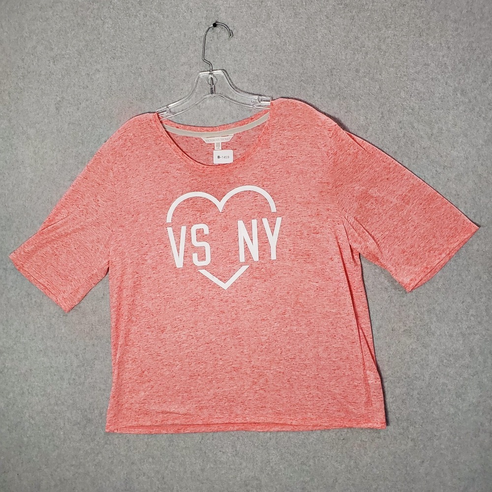 Victoria Secret Women Top Large Pink Linen Blend Oversized VS NY Heart Graphic